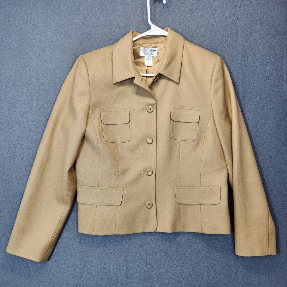Vintage Pendleton Womens Blazer Jacket 14 Petite Tan Wool Chore Equestrian USA